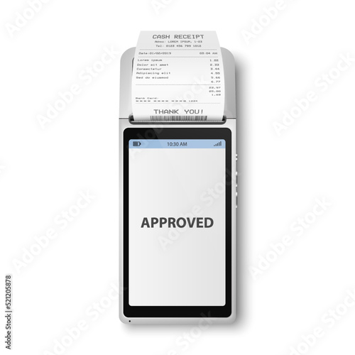 Vector 3d Black NFC Payment Machine with Approved Status and Paper Check, Receipt. Wi-fi, Wireless Payment. POS Terminal, Machine Design Template of Bank Payment Contactless Terminal, Mockup. Top VIew