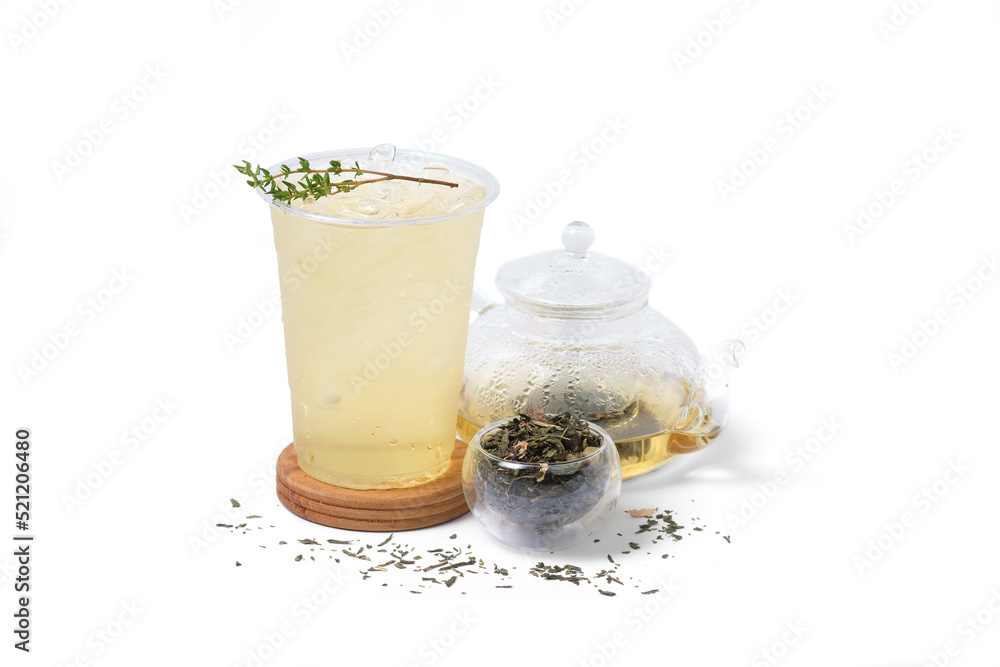 Ice Blossom Peach Oolong tea with Dry Blossom Peach Oolong tea and teapot isolated on white background. coffee shop cafe menu concept.