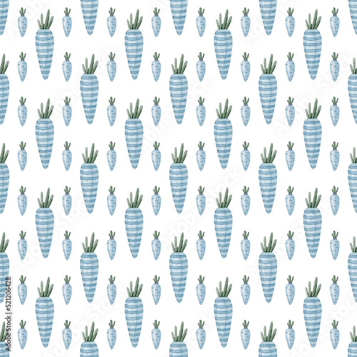 Watercolor seamless pattern with blue carrots. Carrots rain.