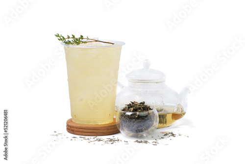 Ice Blossom Peach Oolong tea with Dry Blossom Peach Oolong tea and teapot isolated on white background. coffee shop cafe menu concept.