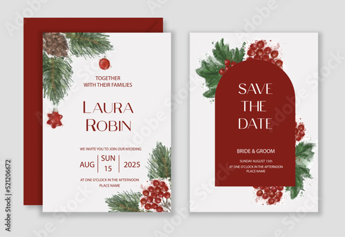 Emerald christmas greenery, spruce, fir, pine cones seasonal vector design frame. Winter chic wedding or new year party invitation card. Watercolor style.