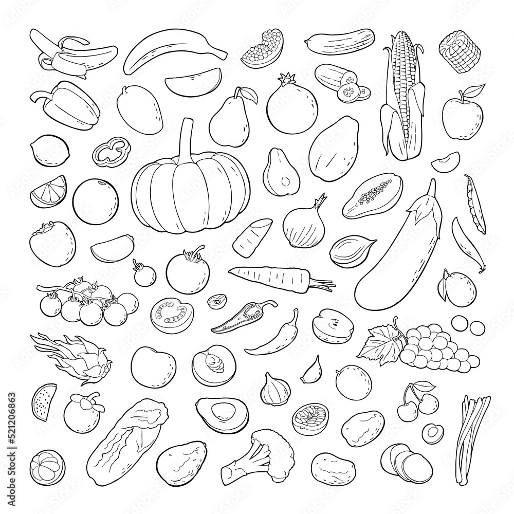 Set vegetables and fruits. Vector black vintage illustration