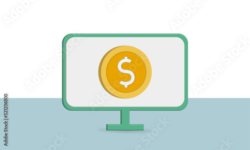 computer screen showing dollar gold coin image, financial and business theme