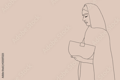 Line art illustration of a young arab emirati woman in traditional dress with bag. Fashion arabic muslim woman in hijab and abaya. Stylish islamic model in hijab. Emirati Women's day greeting card