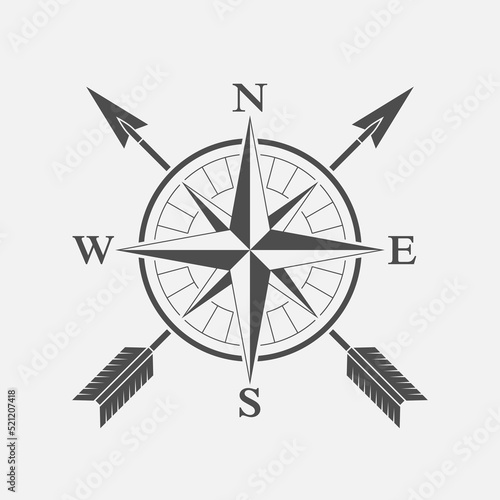 Travel graphic symbol. Compass with crossed bow arrows sign isolated on white background. Journey badge. Vector illustration