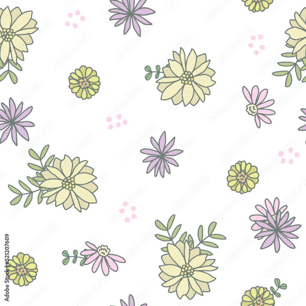 Hand drawn white seamless wallpaper with pink, yellow flowers. Cute vector doodle pattern for paper, fabric, book, bedroom, baby.
