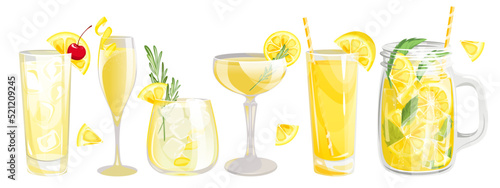 A set of cocktails with lemon.Refreshing drinks with lemon slices, rosemary, ice.Summer lemonade in a jar, lemon juice, tom Collins cocktail, French 75, limoncello.