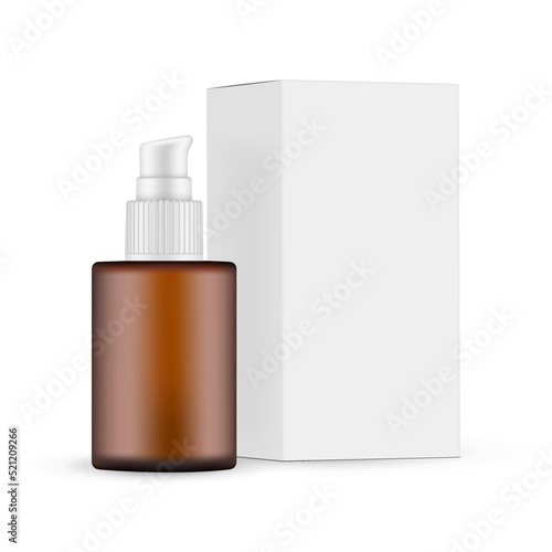 Small Amber Cosmetic Pump Bottle Mockup for Oil or Serum with Packing Box. Vector Illustration