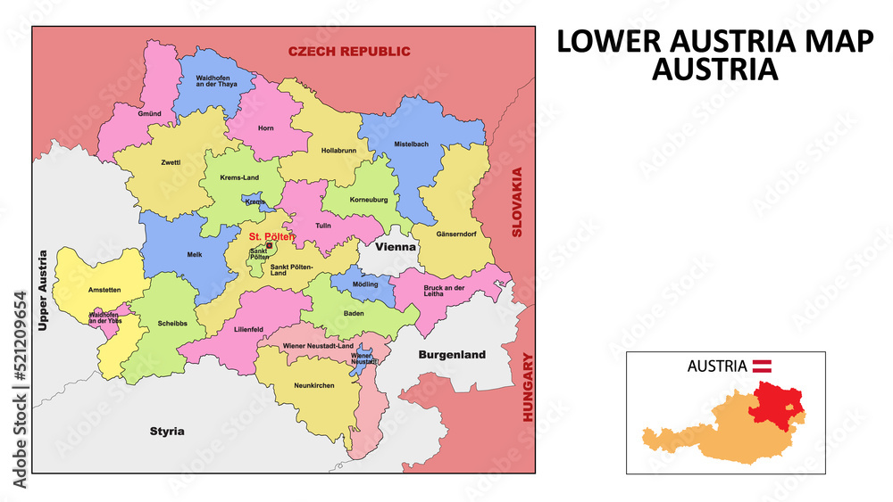 Lower Austria Map. State and district map of Lower Austria. Political map of Lower Austria with neighboring countries and borders.