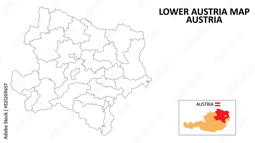 Lower Austria Map. State and district map of Lower Austria. Political map of Lower Austria with outline and black and white design.