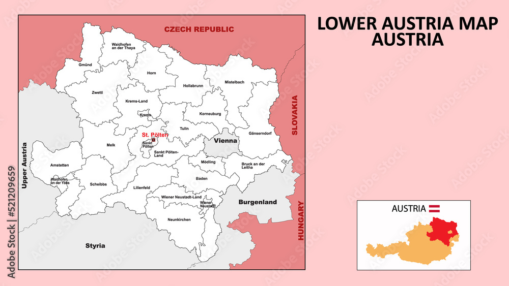 Lower Austria Map. State and district map of Lower Austria. Administrative map of Lower Austria with district and capital in white color.