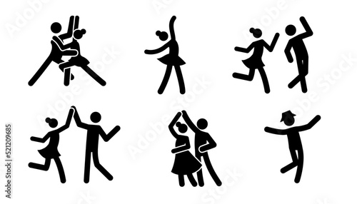 ..Pictogram dancer stick figure icon set. Black pictogram party dancing people, tango couple, ballet woman. Vector illustration.