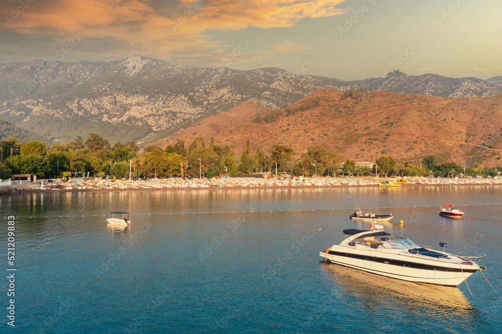 Adrasan bay is a beautiful location in the Mediterranean, with its long beach and scenery. Aerial view with drone. Antalya, TURKEY