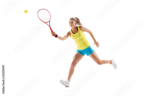 Portrait of young sportive woman, professional tennis player training isolated over white studio background. Scoring a goal © Lustre