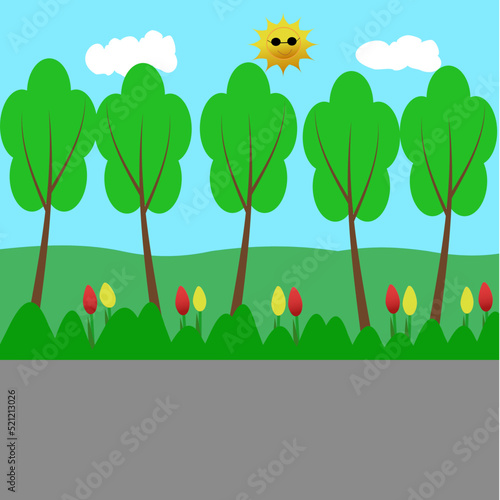 Cartoon  landscape with flowers  vector illustration 