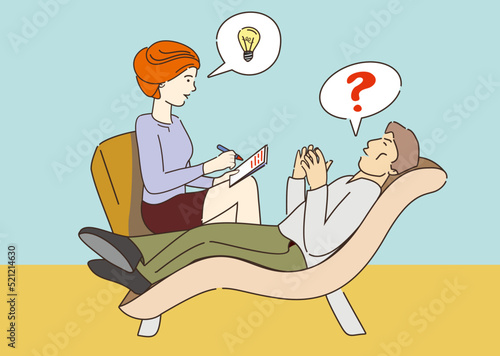 Therapist is writing down her client's questions and answering him. Psychologist and client. Man lying on the therapy. Psycology. Mental health. Councelling.  photo