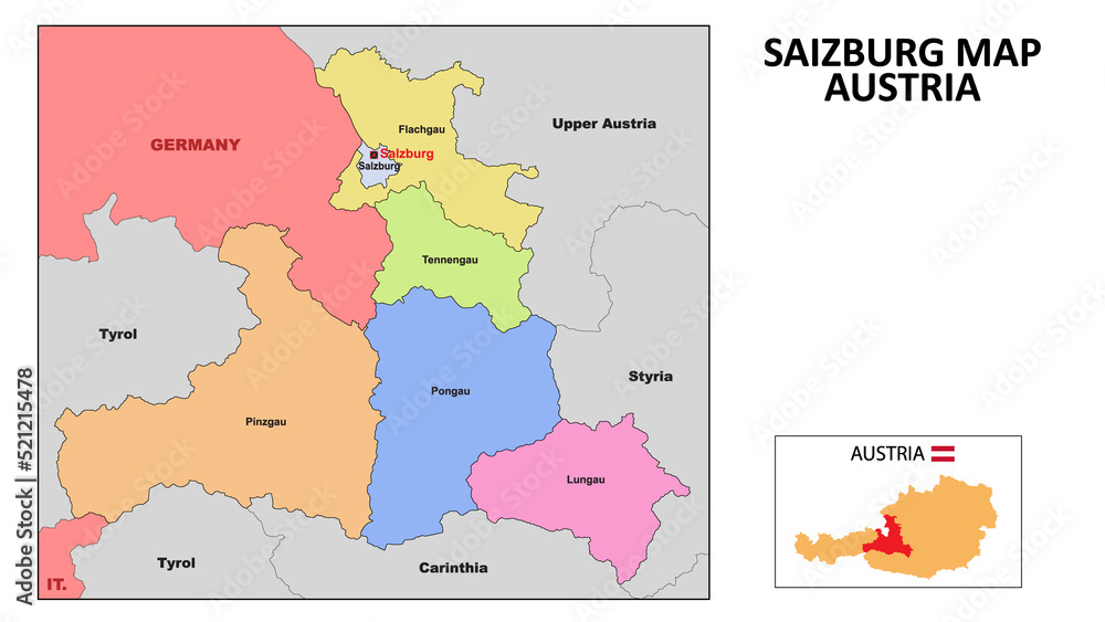 Salzburg Map. State and district map of Salzburg. Political map of Salzburg with neighboring countries and borders.