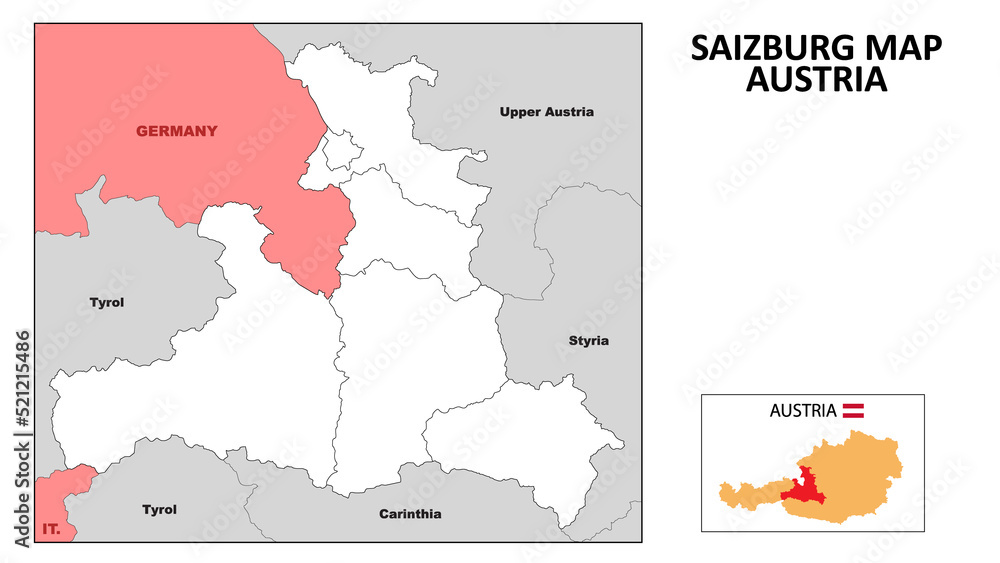 Salzburg Map. State and district map of Salzburg. Political map of Salzburg with outline and black and white design.