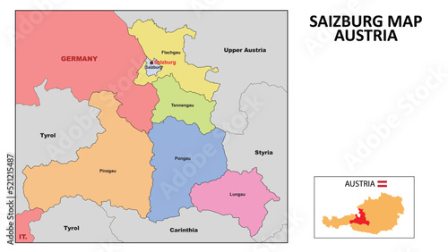 Salzburg Map. State and district map of Salzburg. Political map of Salzburg with neighboring countries and borders.