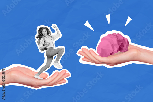 Magazine collage of little school lady receive gift smart brain from huge hand isolated blue color background