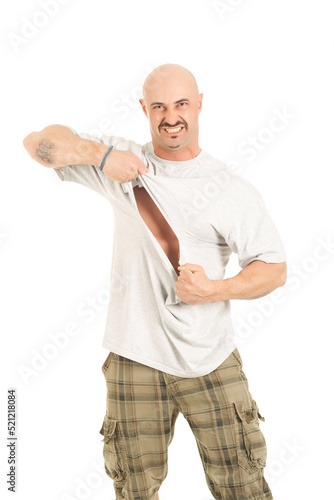 man ripping shirt