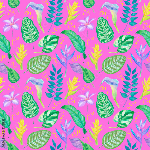 Seamless pattern with hand drawn tropical leaves and flowers on bright pink background