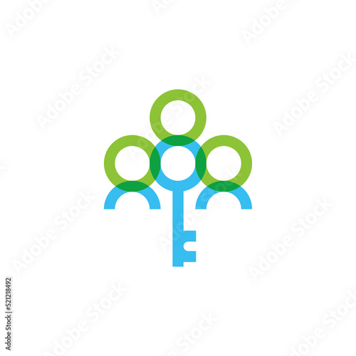 Editable modern key logo with simple overlaying blue and green circles - family community primary key design vector