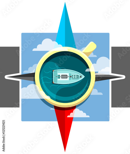 Cup with a yacht on the background of the sky. Compass.
