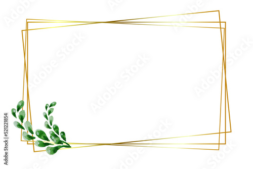 Golden square frame with green watercolor leaves on a white isolated background, pink trendy spot