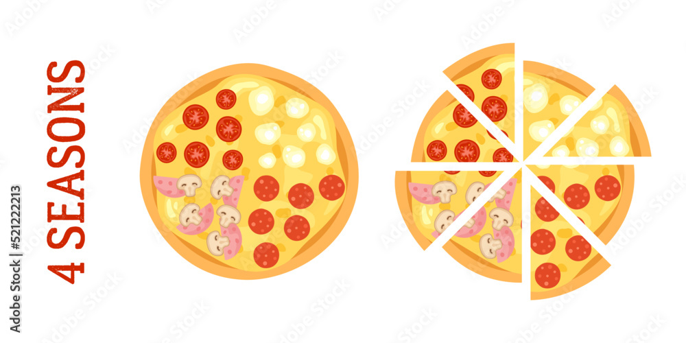 Illustration of a season 4 pizza top view. Capricosa, margherita, pepperoni and cheese pizza Illustration of a season 4 pizza top view. Capricosa, margherita, pepperoni and cheese pizza