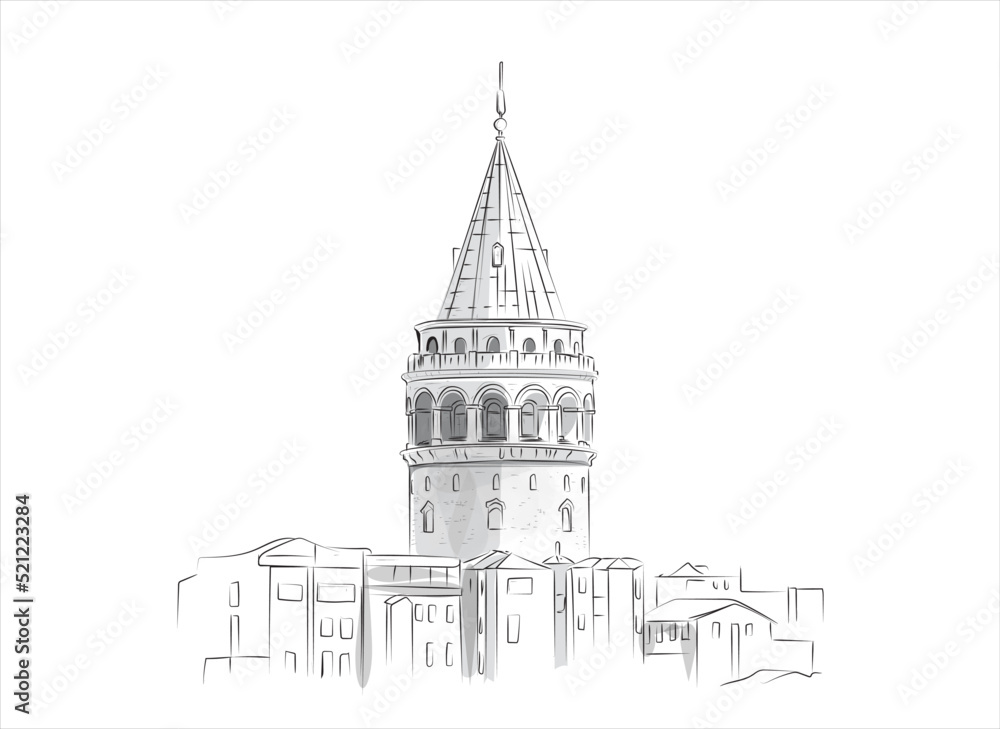 Galata tower Istanbul turkey drawing, VECTOR