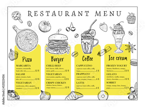 Hand drawn objects for restaurant menu. Menu template for caffee, restaurant, fastfood menu card. Outline vector engraving style