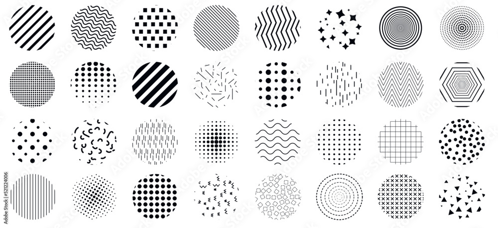 Vector illustration.Set of 24 Abstract pattern. Lines and dots. Abstract hipster memphis shape vector background