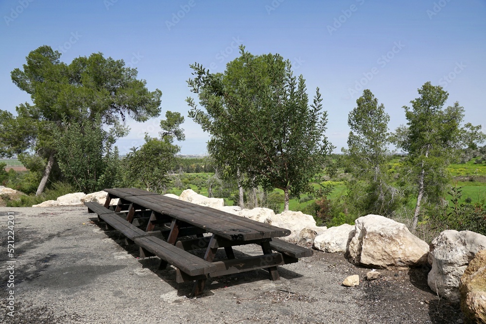 Large wooden picnic table in nature