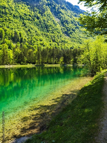 Vertical view of the Bluntausee lake with the background of trees and mountains in Salzburg, Austria photo