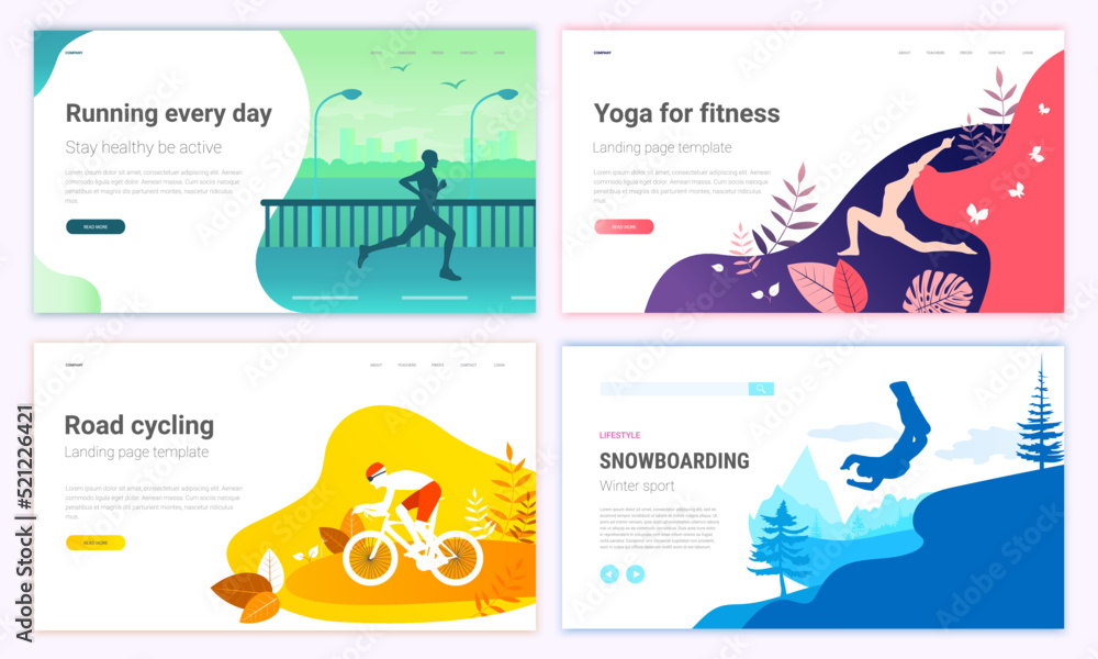 Set of Landing page templates. Characters of active people and different seasonal sports for a web page or website. Vector illustration
