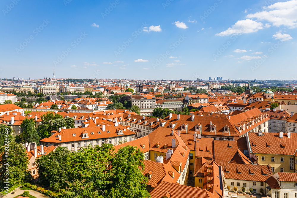 Prague Old Town historical center with red tiled roof buildings, Czech Republic