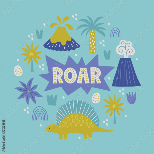 Child greeting card with palm tree, dinosaur, egg, rainbow, volcano