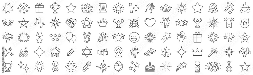 Fototapeta premium Set of stars and celebration line icons. Collection of black linear icons