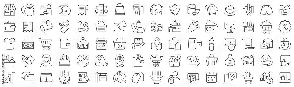 Set of retail and shopping line icons. Collection of black linear icons Set of retail and shopping line icons. Collection of black linear icons
