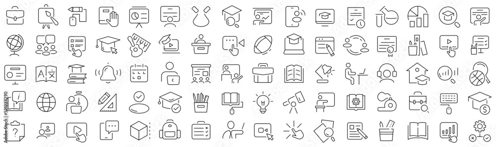Set of education and learning line icons. Collection of black linear icons Set of education and learning line icons. Collection of black linear icons
