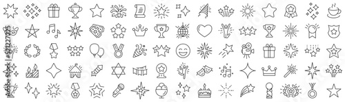 Set of stars and celebration line icons. Collection of black linear icons
