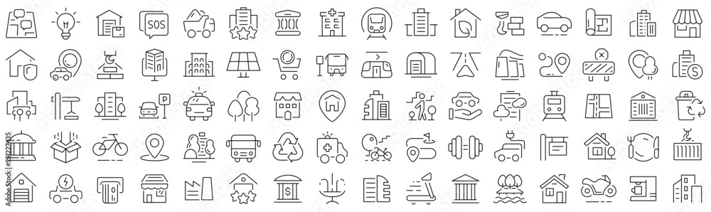 Set of urban infrastructure line icons. Collection of black linear icons - obrazy, fototapety, plakaty 