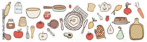 Vector set of hand drawn food, vegetables, fruits  and kitchen items in doodle style. For kitchen, packaging design, template labels, concerning nutrition and vegetarian, card or flyer, banner, labels