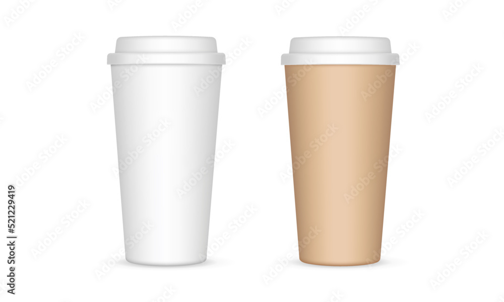 Two Blank Tall Coffee Cups Mockups, Isolated on White Background, Front View. Vector Illustration