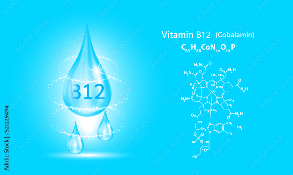 Structure vitamin B12 drop water collagen blue. 3D Realistic Vector