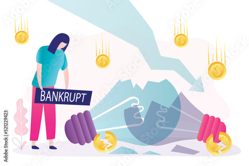Frustrated woman investor bankrupt. Breaking business ideas. Economic problems, global crisis and inflation. Businesswoman, falling chart arrow, stock market crash. Business startup fail.