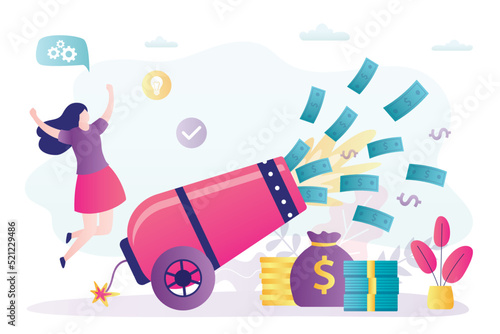 Entrepreneur shoots money from cannon, business is making big profits. Venture investments, distribution of money to new projects, startups. Innovation, concept. Businesswoman making money