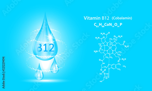 Structure vitamin B12 drop water collagen blue. 3D Realistic Vector. Medical and scientific concepts. Beauty treatment nutrition skin care design. Vitamin solution complex with Chemical formula nature