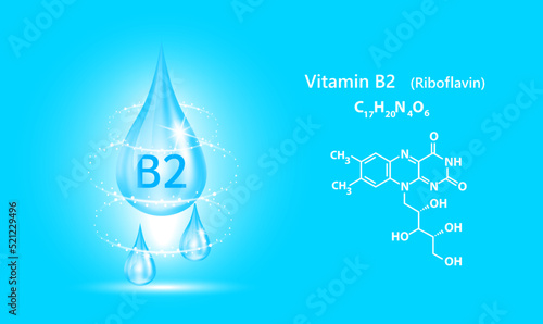 Structure vitamin B2 drop water collagen blue. 3D Realistic Vector. Medical and scientific concepts. Beauty treatment nutrition skin care design. Vitamin solution complex with Chemical formula nature.